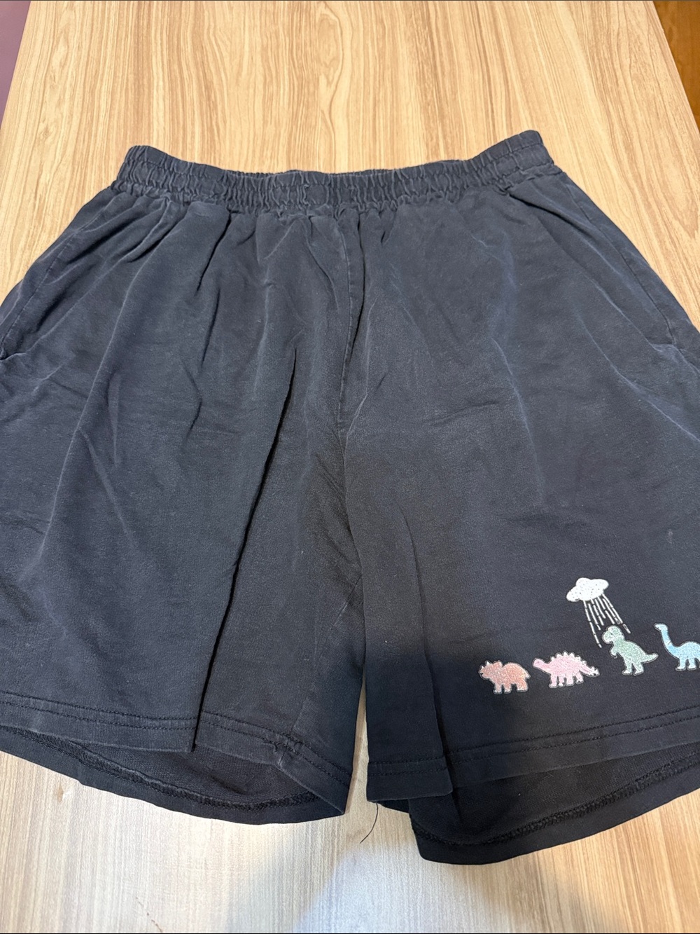 Kids Black Cotton Shorts with Pastel Dinosaur Print